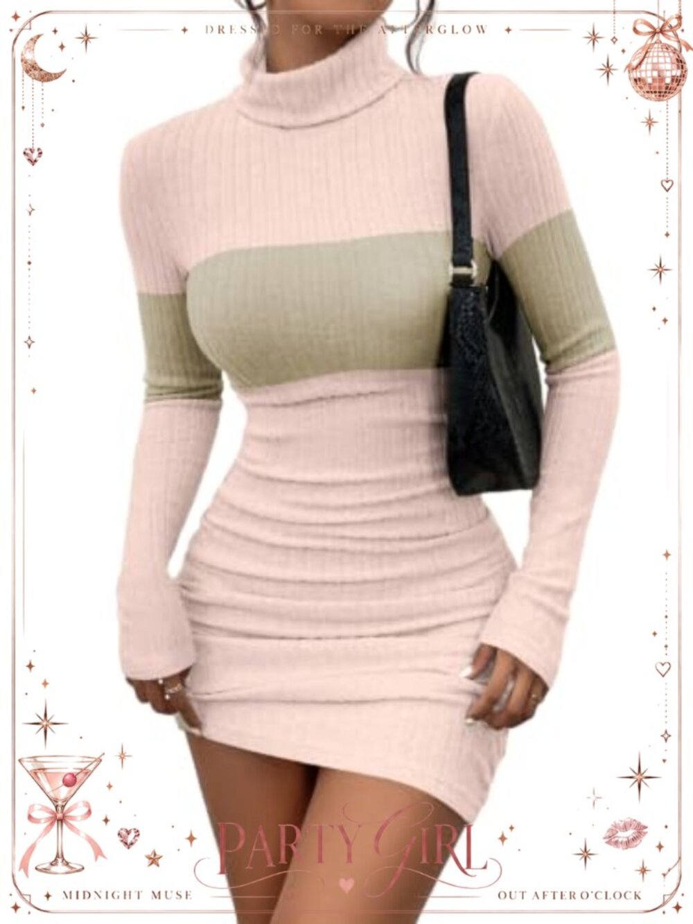 Ribbed Knit Bodycon Mini Dress Long Sleeve Turtleneck